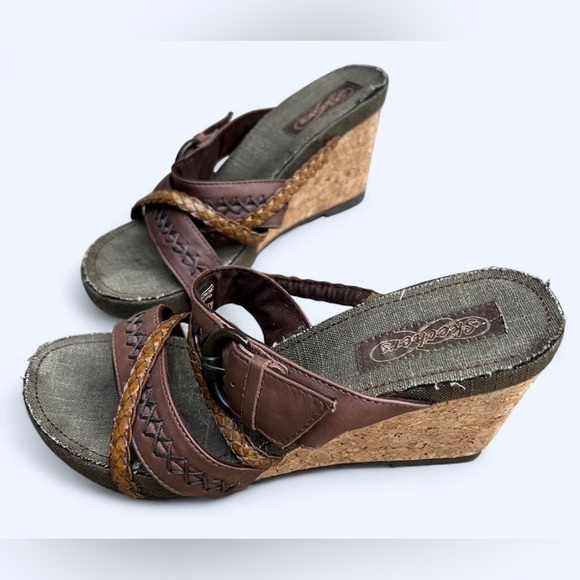 Y2K Skechers Leather Braide Modiste Electric Bond Chocolate Cork Wedge Sandals 8 - Picture 1 of 14